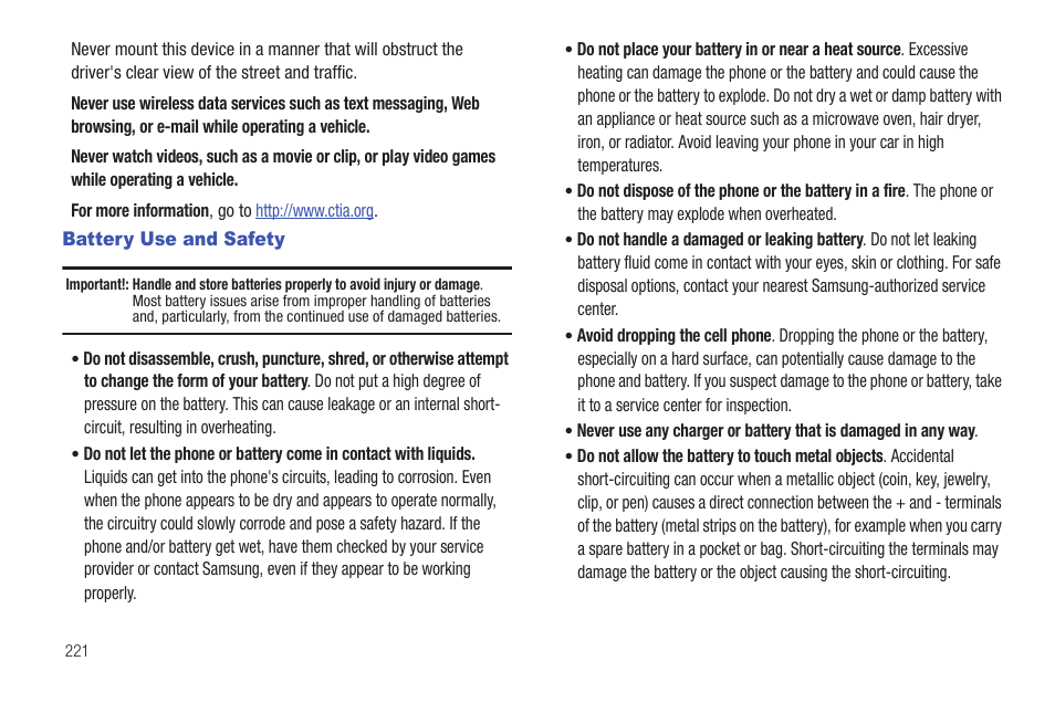 Battery use and safety | Samsung SGH-T759ZPBTMB User Manual | Page 226 / 259