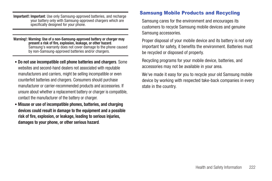 Samsung mobile products and recycling | Samsung SGH-T759ZPBTMB User Manual | Page 227 / 259