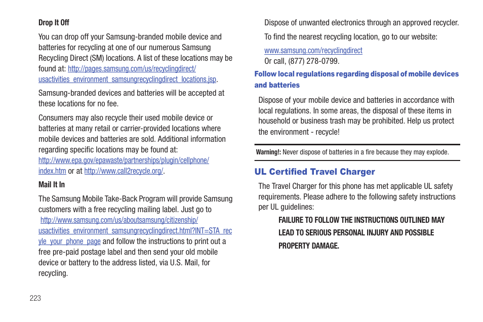 Ul certified travel charger | Samsung SGH-T759ZPBTMB User Manual | Page 228 / 259