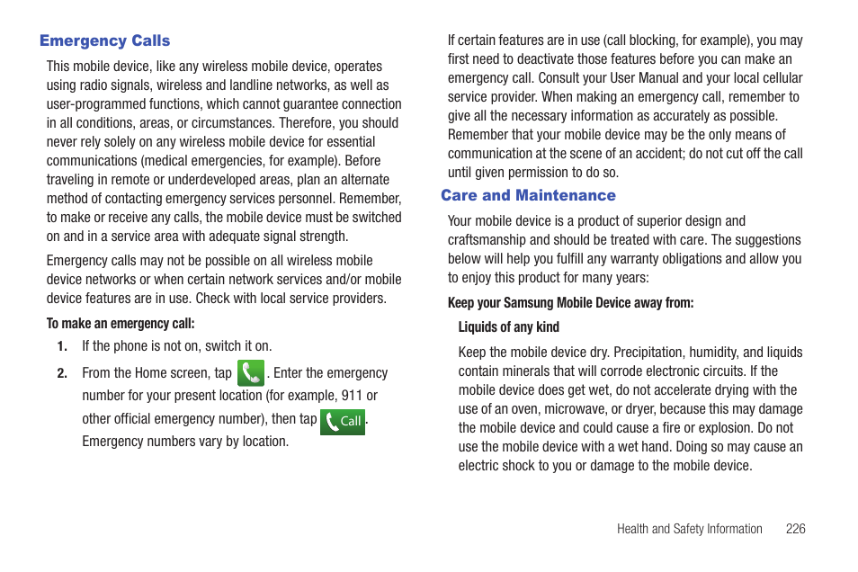 Emergency calls, Care and maintenance, Emergency calls care and maintenance | Samsung SGH-T759ZPBTMB User Manual | Page 231 / 259