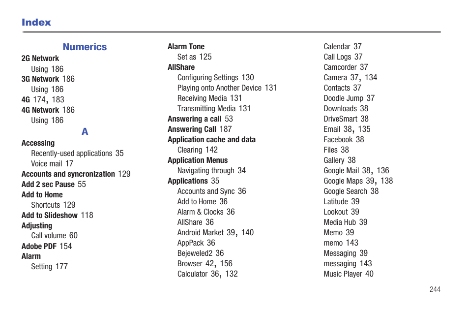 Index | Samsung SGH-T759ZPBTMB User Manual | Page 249 / 259
