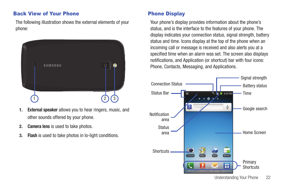 Back view of your phone, Phone display, Back view of your phone phone display | Samsung SGH-T759ZPBTMB User Manual | Page 27 / 259