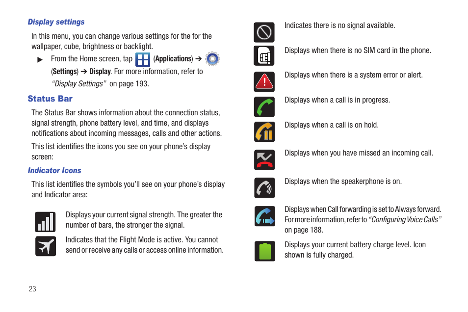 Status bar | Samsung SGH-T759ZPBTMB User Manual | Page 28 / 259