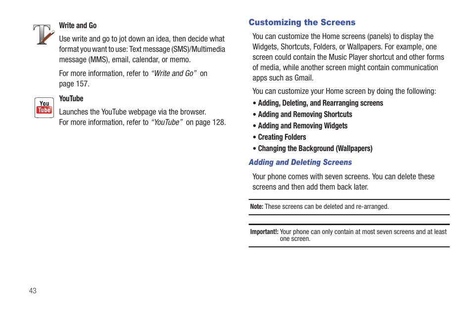 Customizing the screens | Samsung SGH-T759ZPBTMB User Manual | Page 48 / 259