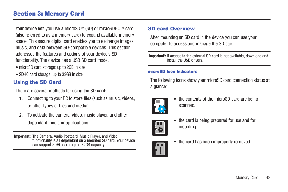 Section 3: memory card, Using the sd card, Sd card overview | Using the sd card sd card overview | Samsung SGH-T759ZPBTMB User Manual | Page 53 / 259