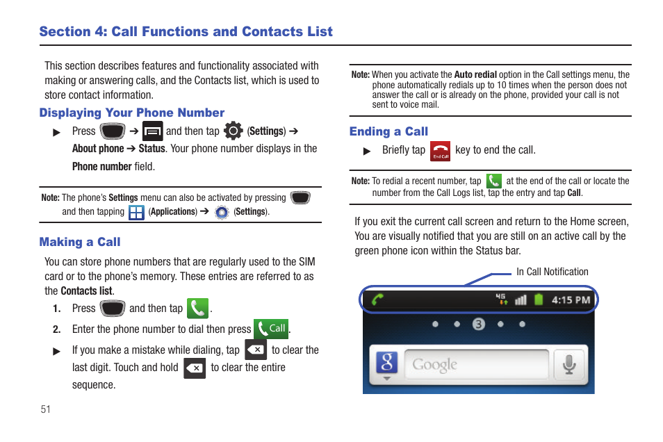 Section 4: call functions and contacts list, Displaying your phone number, Making a call | Ending a call | Samsung SGH-T759ZPBTMB User Manual | Page 56 / 259