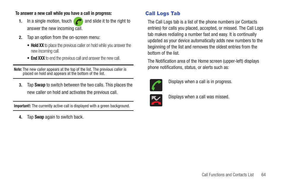 Call logs tab | Samsung SGH-T759ZPBTMB User Manual | Page 69 / 259