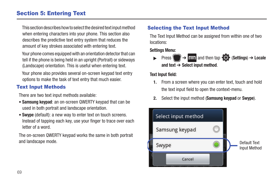 Section 5: entering text, Text input methods, Selecting the text input method | Text input methods selecting the text input method | Samsung SGH-T759ZPBTMB User Manual | Page 74 / 259