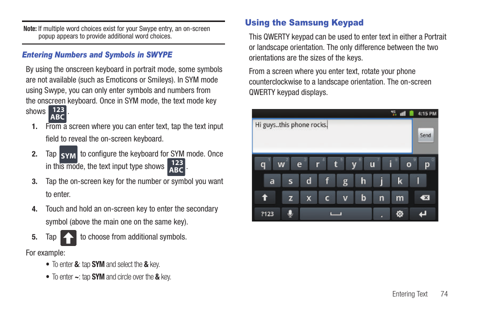 Using the samsung keypad | Samsung SGH-T759ZPBTMB User Manual | Page 79 / 259