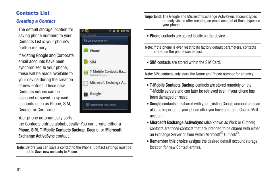 Contacts list | Samsung SGH-T759ZPBTMB User Manual | Page 86 / 259