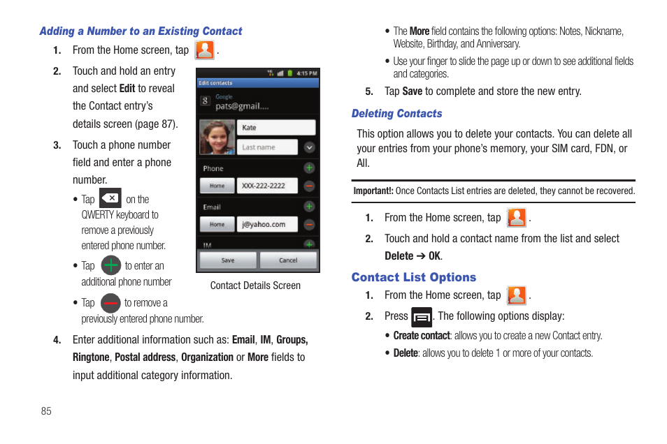 Contact list options | Samsung SGH-T759ZPBTMB User Manual | Page 90 / 259