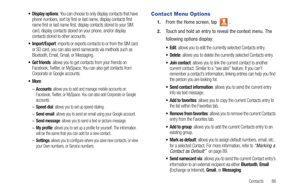 Contact menu options | Samsung SGH-T759ZPBTMB User Manual | Page 91 / 259