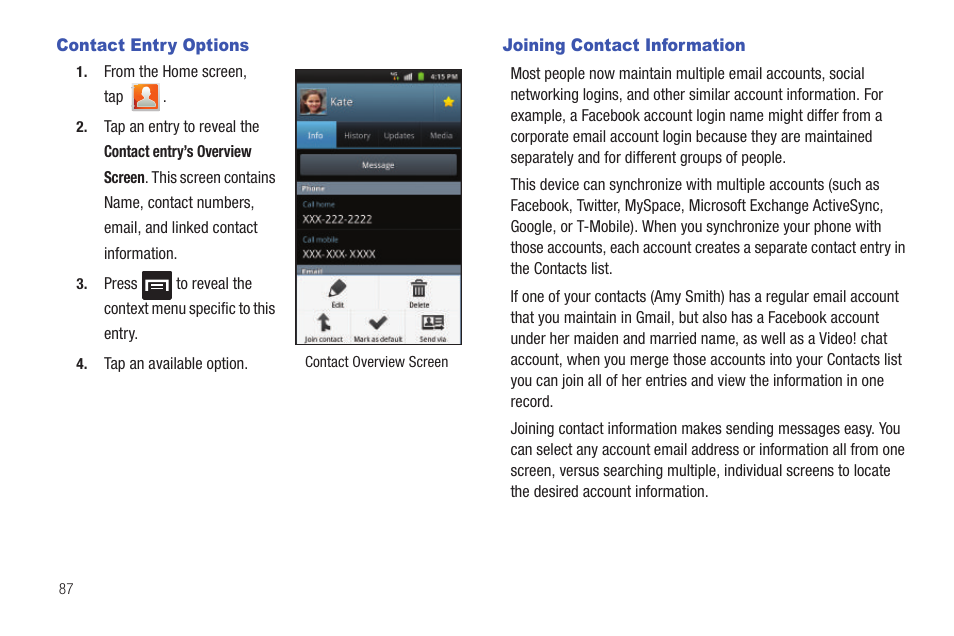 Contact entry options, Joining contact information, Contact entry options joining contact information | Samsung SGH-T759ZPBTMB User Manual | Page 92 / 259