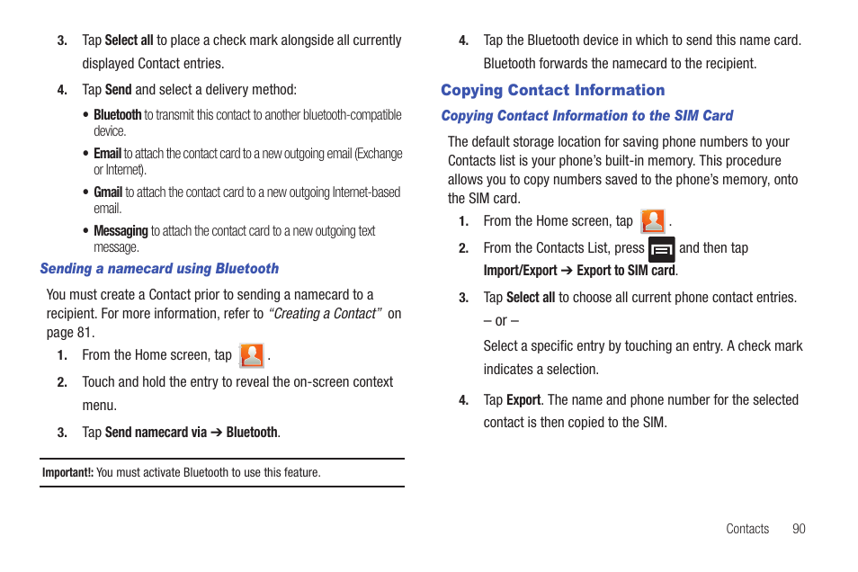 Copying contact information | Samsung SGH-T759ZPBTMB User Manual | Page 95 / 259