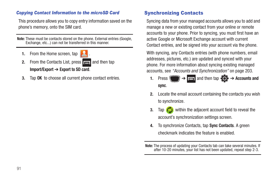 Synchronizing contacts | Samsung SGH-T759ZPBTMB User Manual | Page 96 / 259