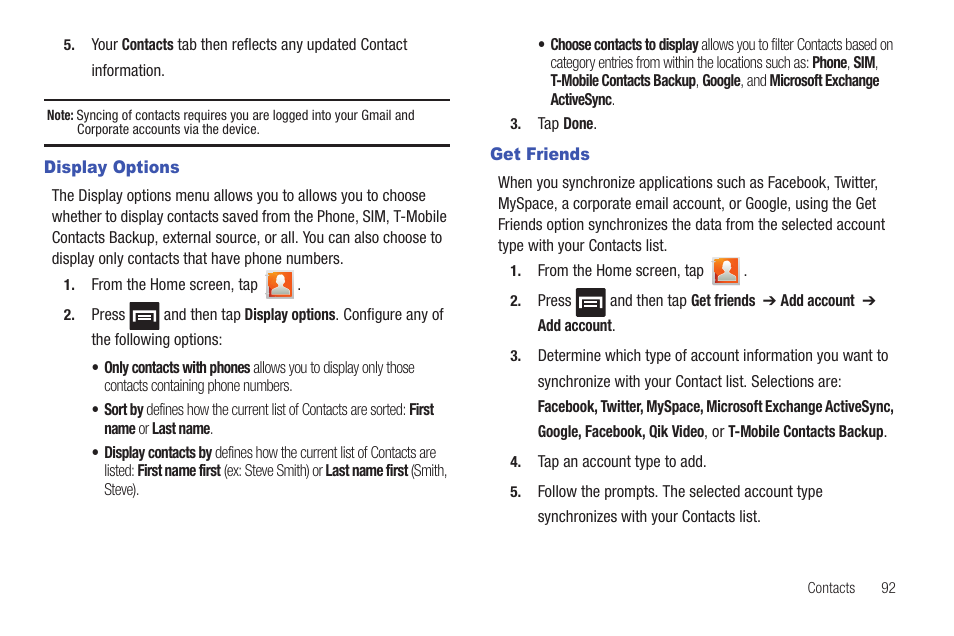 Display options, Get friends, Display options get friends | Samsung SGH-T759ZPBTMB User Manual | Page 97 / 259