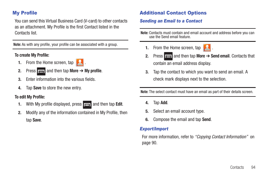 My profile, Additional contact options, My profile additional contact options | Samsung SGH-T759ZPBTMB User Manual | Page 99 / 259