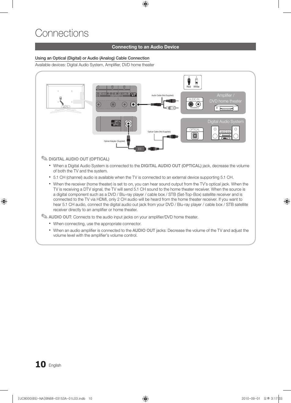 Connecting to an audio device, Connections | Samsung UN65C8000XFXZA User Manual | Page 10 / 199