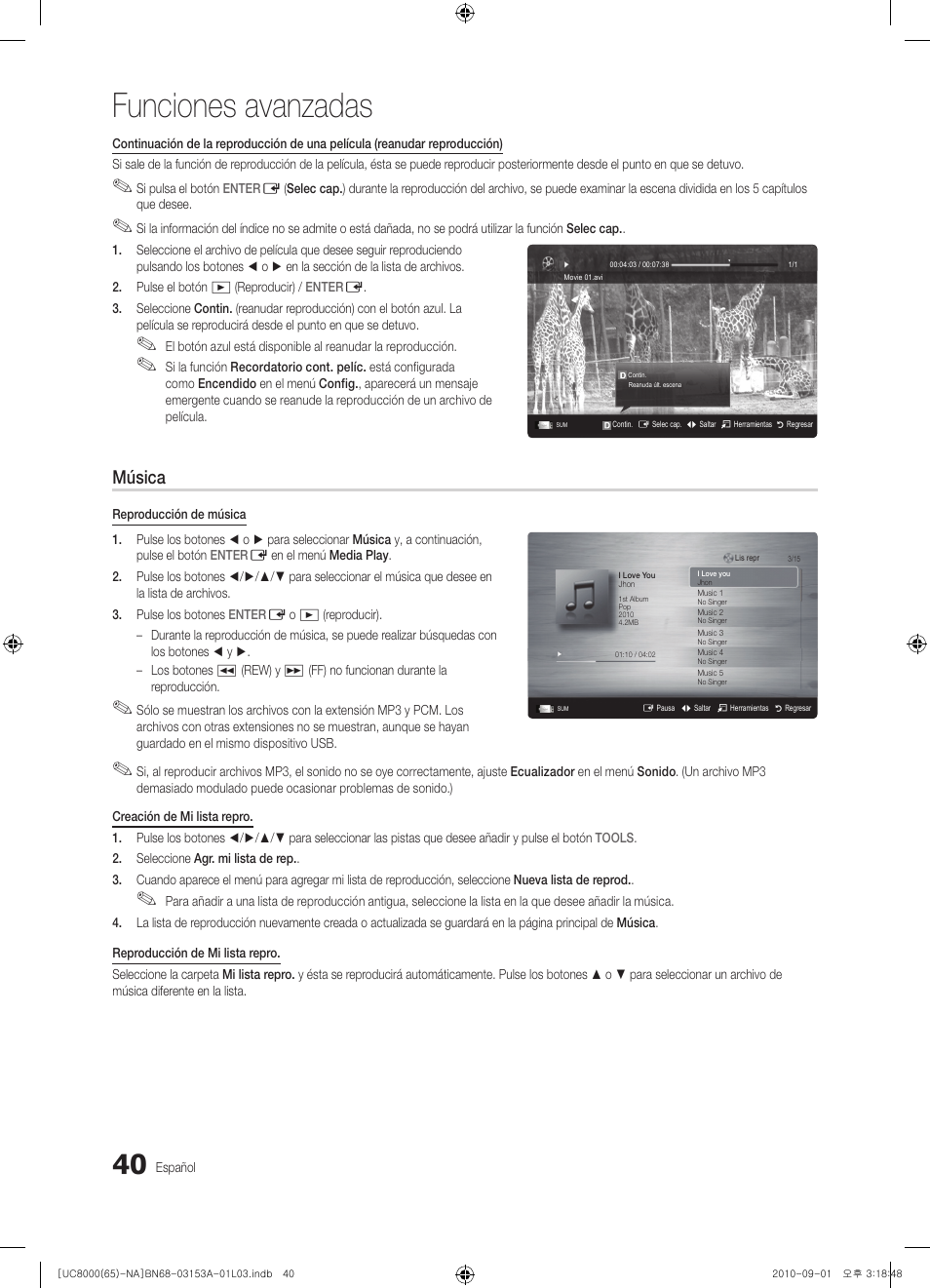 Funciones avanzadas, Música | Samsung UN65C8000XFXZA User Manual | Page 106 / 199