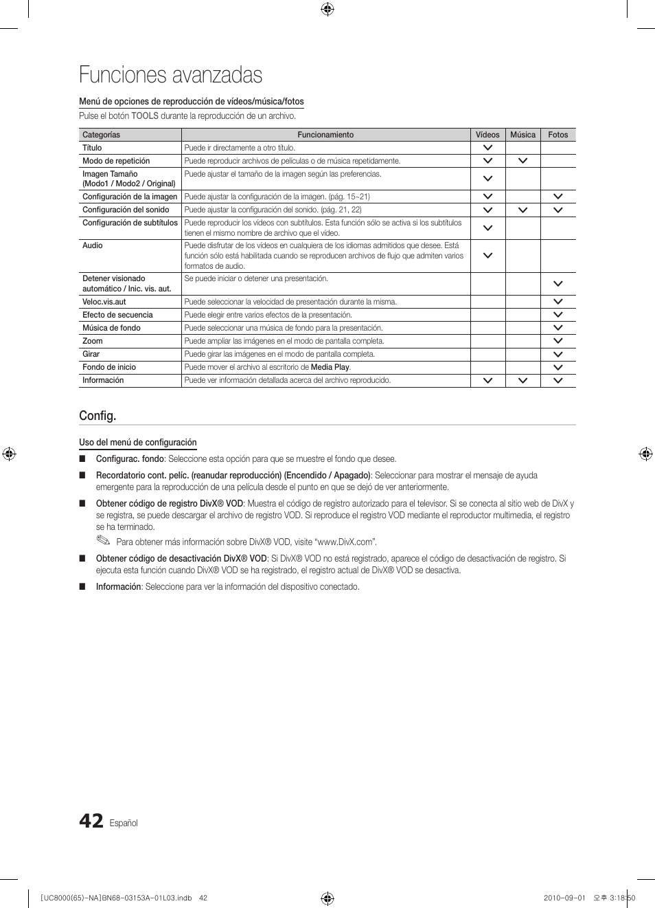 Funciones avanzadas, Config | Samsung UN65C8000XFXZA User Manual | Page 108 / 199