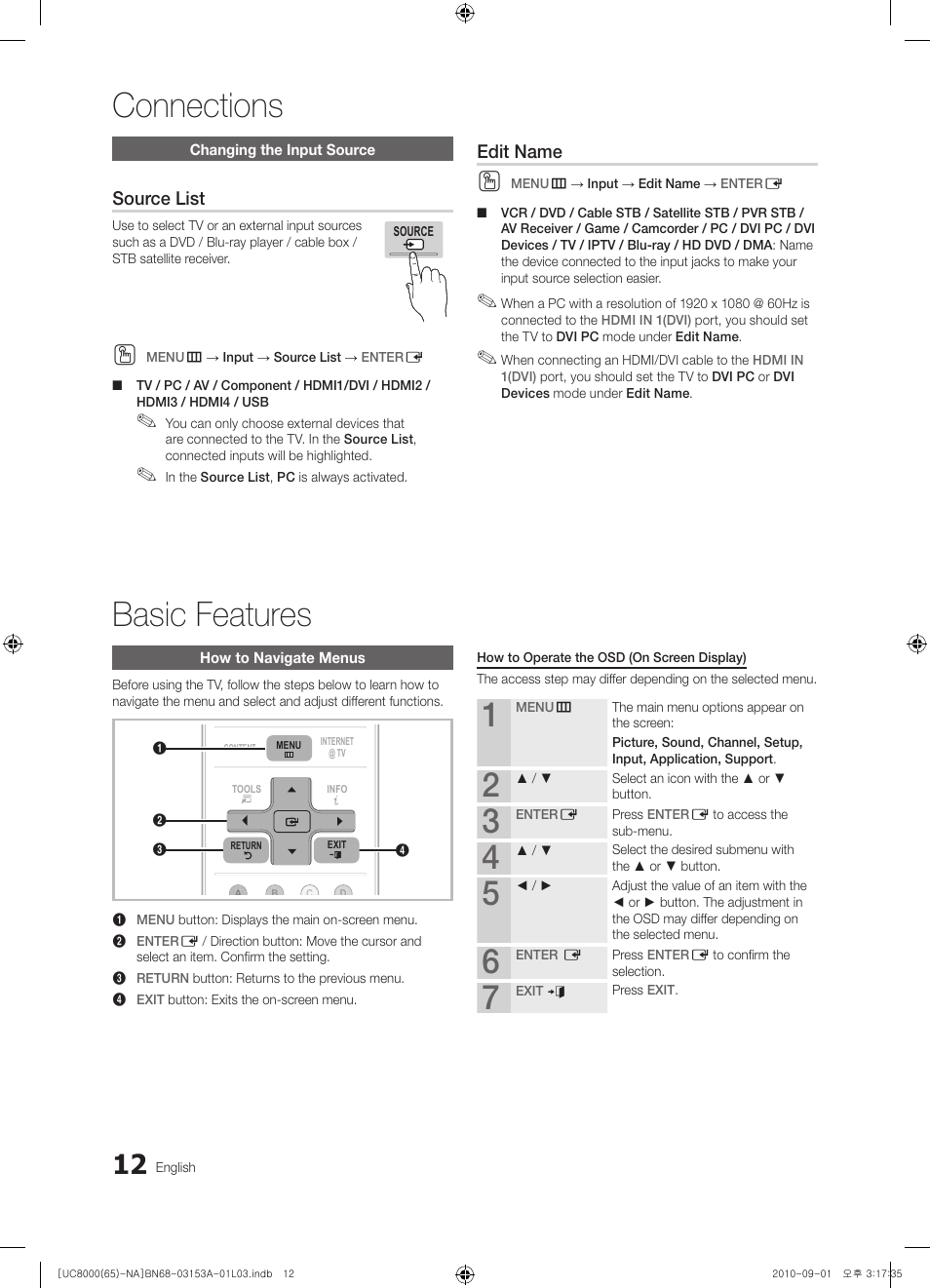 Changing the input source, Basic features, How to navigate menus | Connections, Source list, Edit name | Samsung UN65C8000XFXZA User Manual | Page 12 / 199