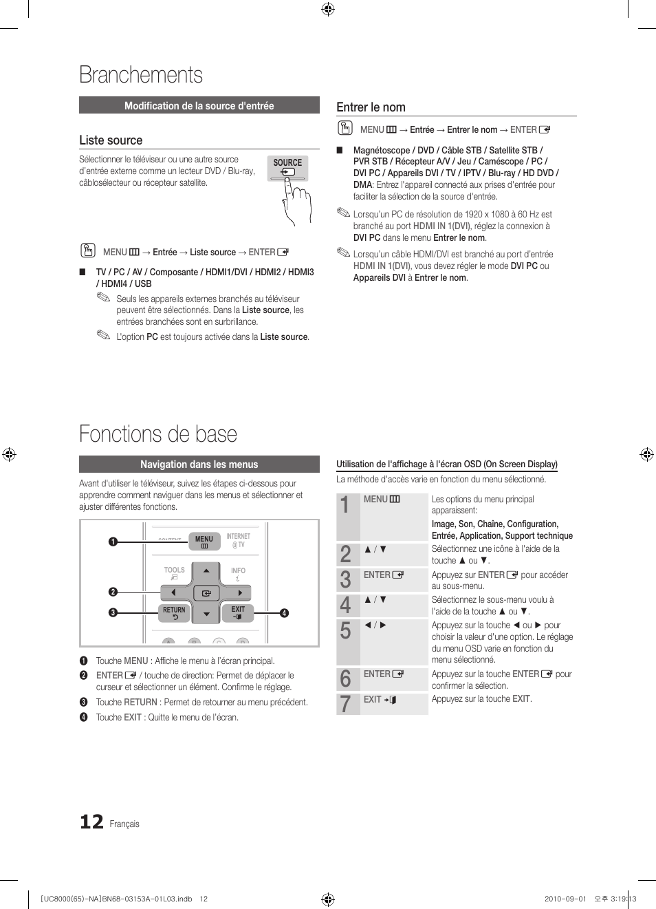 Branchements, Fonctions de base, Liste source | Entrer le nom | Samsung UN65C8000XFXZA User Manual | Page 144 / 199