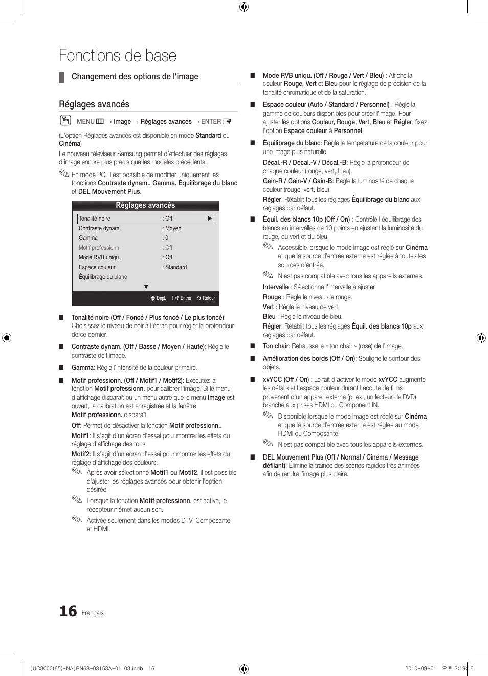 Fonctions de base, Réglages avancés | Samsung UN65C8000XFXZA User Manual | Page 148 / 199