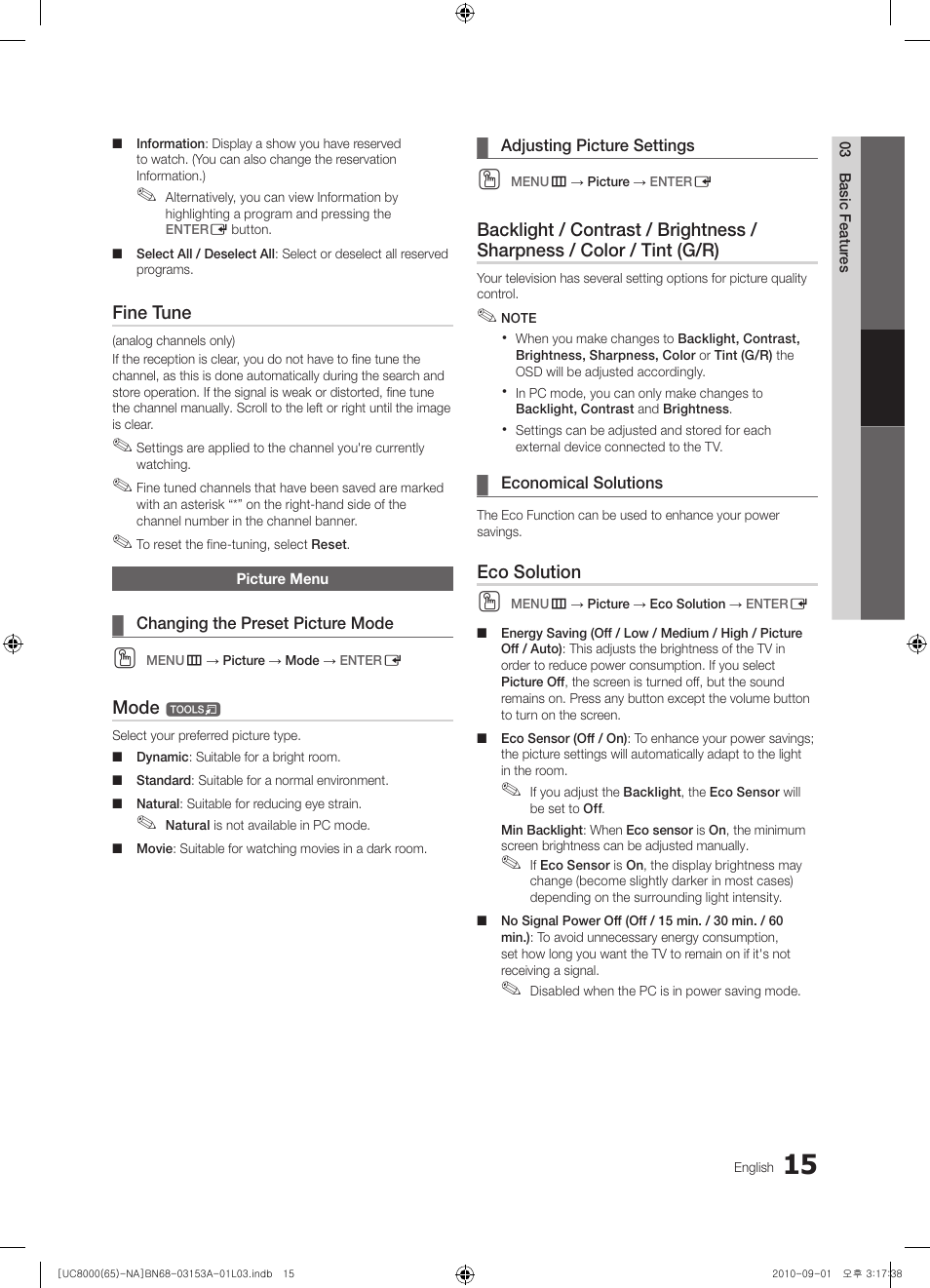 Picture menu | Samsung UN65C8000XFXZA User Manual | Page 15 / 199