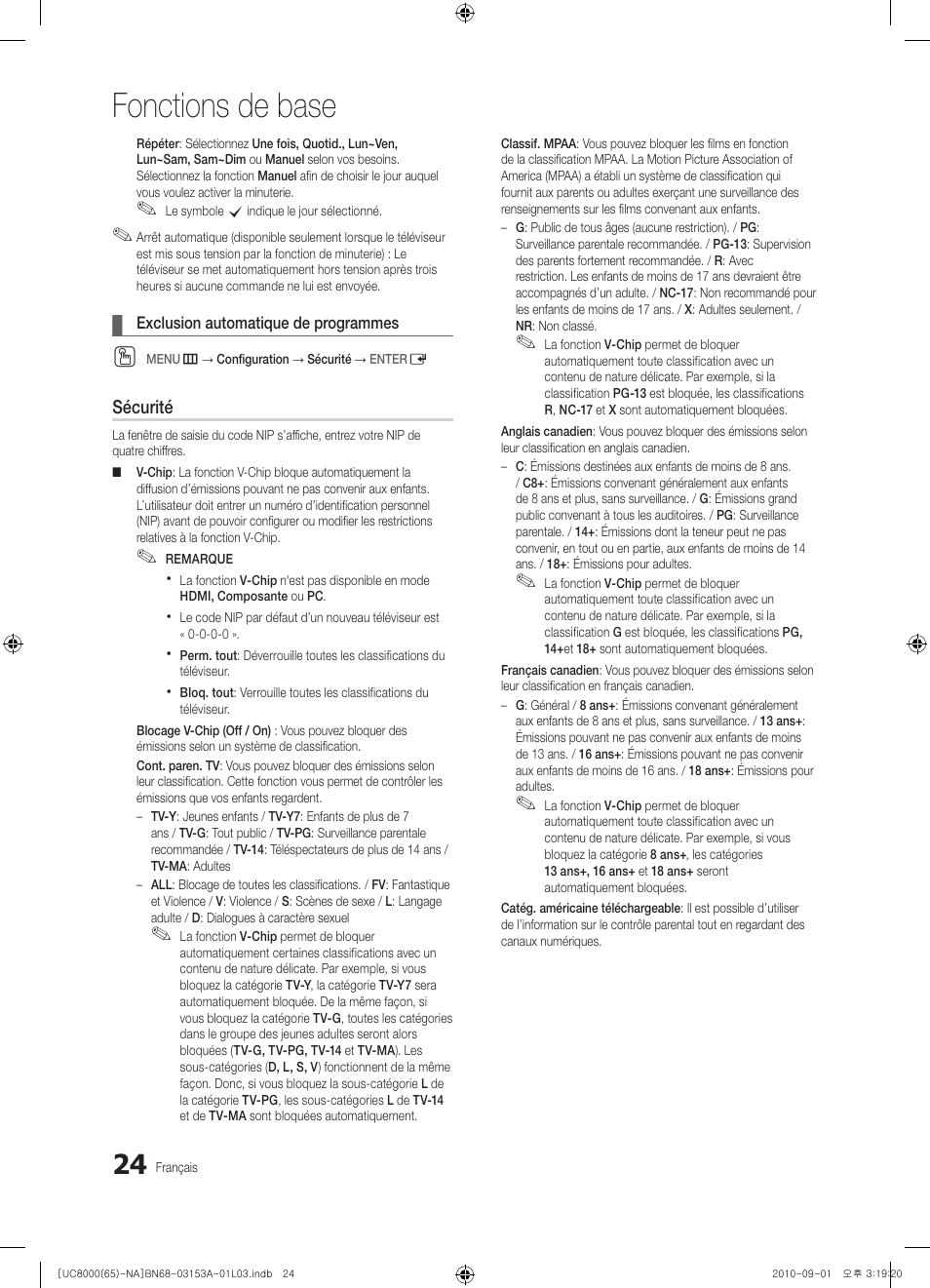 Fonctions de base | Samsung UN65C8000XFXZA User Manual | Page 156 / 199