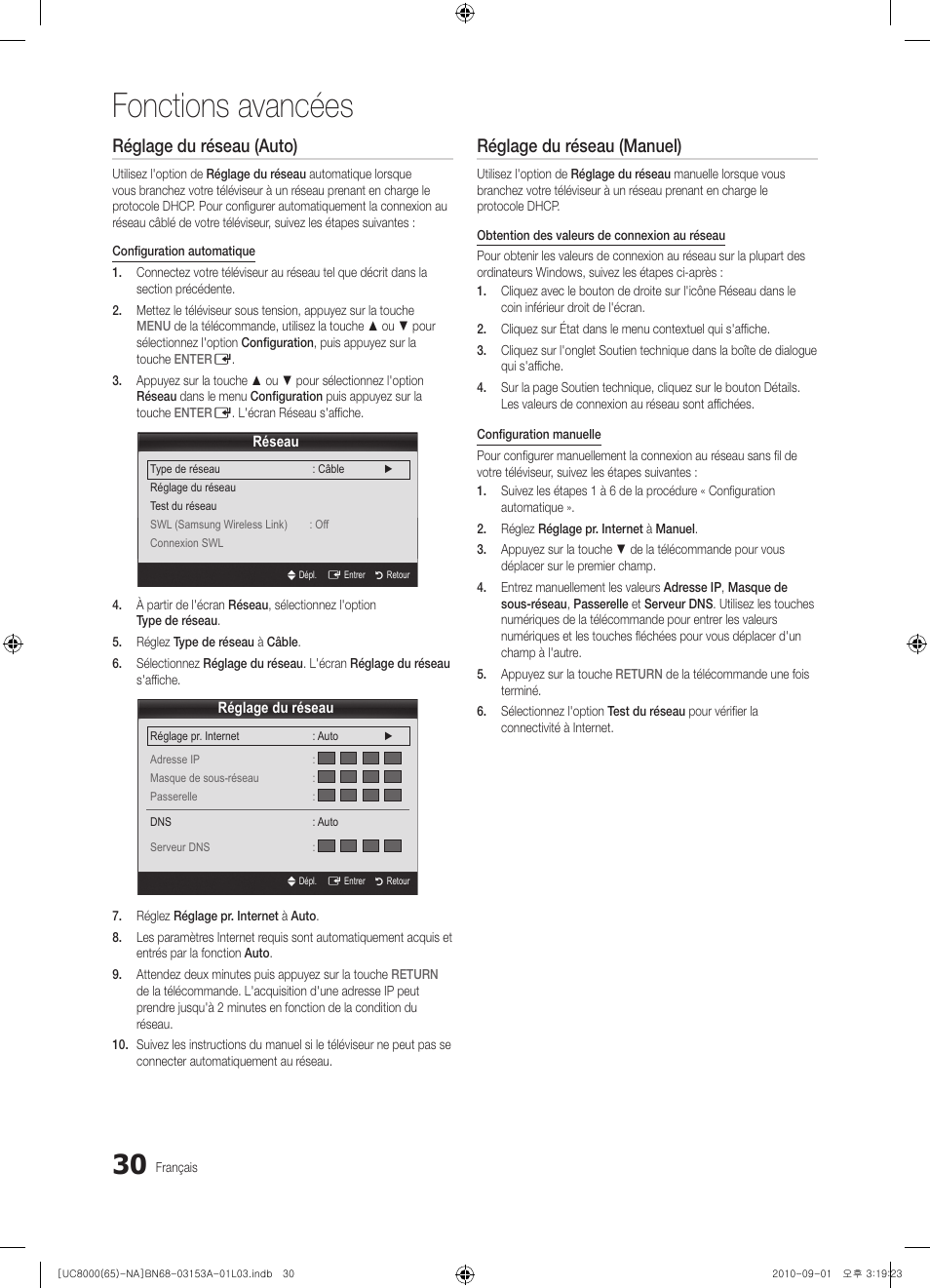 Fonctions avancées, Réglage du réseau (auto), Réglage du réseau (manuel) | Samsung UN65C8000XFXZA User Manual | Page 162 / 199