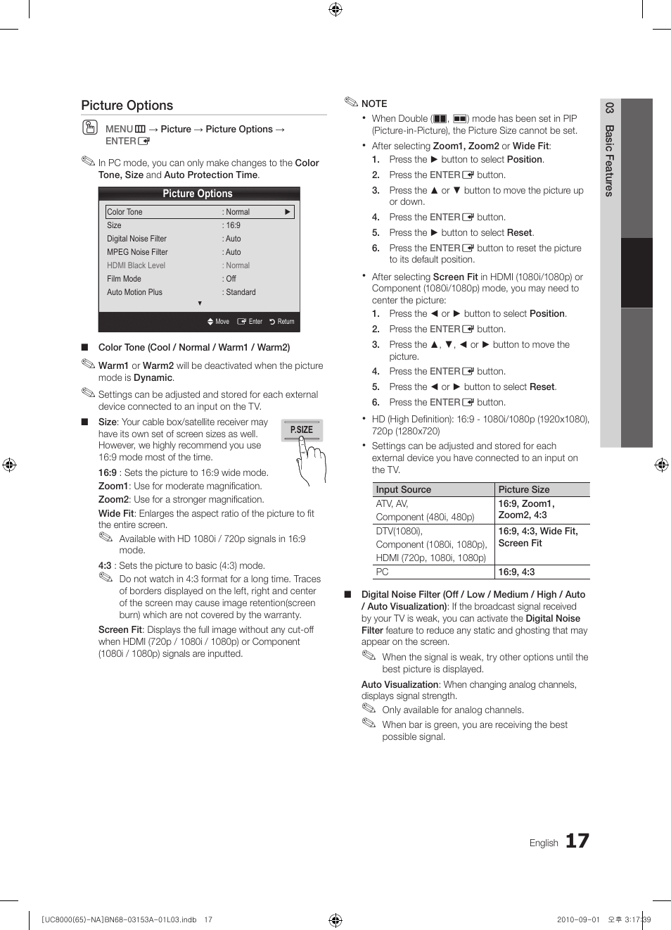 Picture options | Samsung UN65C8000XFXZA User Manual | Page 17 / 199