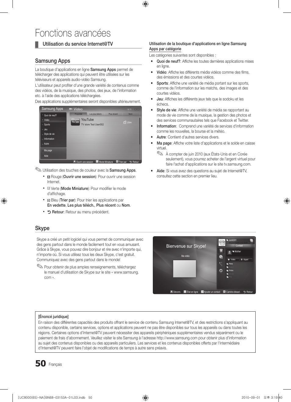 Fonctions avancées, Samsung apps, Skype | Utilisation du service internet@tv | Samsung UN65C8000XFXZA User Manual | Page 182 / 199