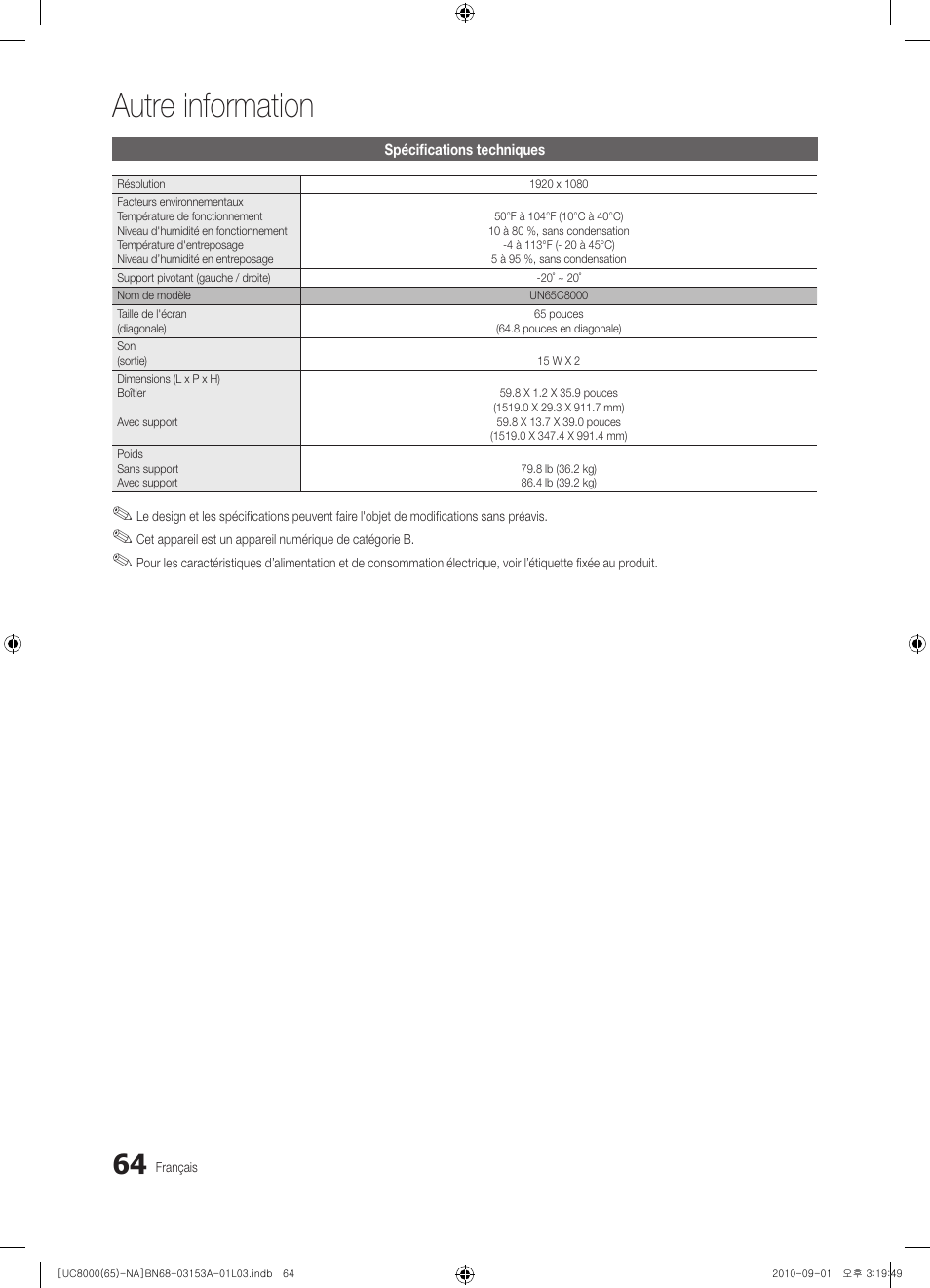 Autre information | Samsung UN65C8000XFXZA User Manual | Page 196 / 199