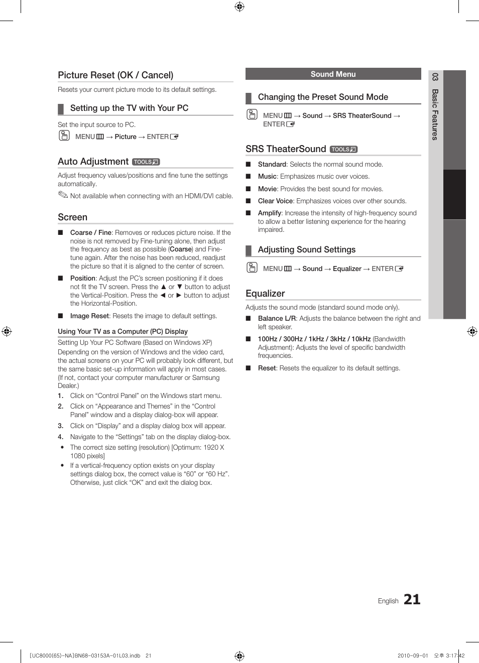 Sound menu, Picture reset (ok / cancel), Auto adjustment | Screen, Srs theatersound, Equalizer | Samsung UN65C8000XFXZA User Manual | Page 21 / 199