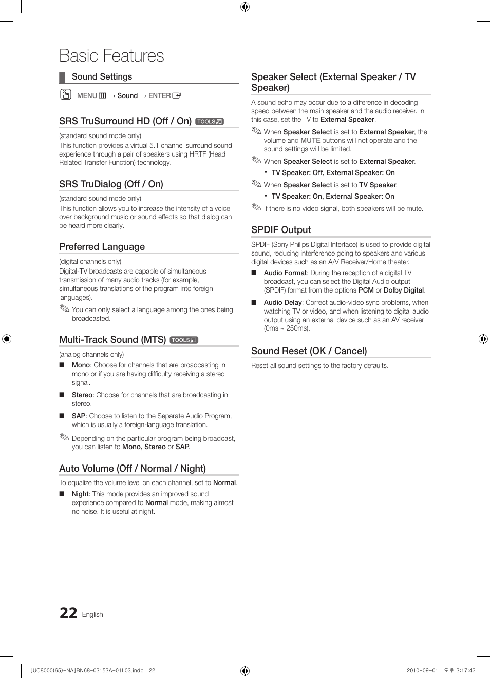 Basic features | Samsung UN65C8000XFXZA User Manual | Page 22 / 199