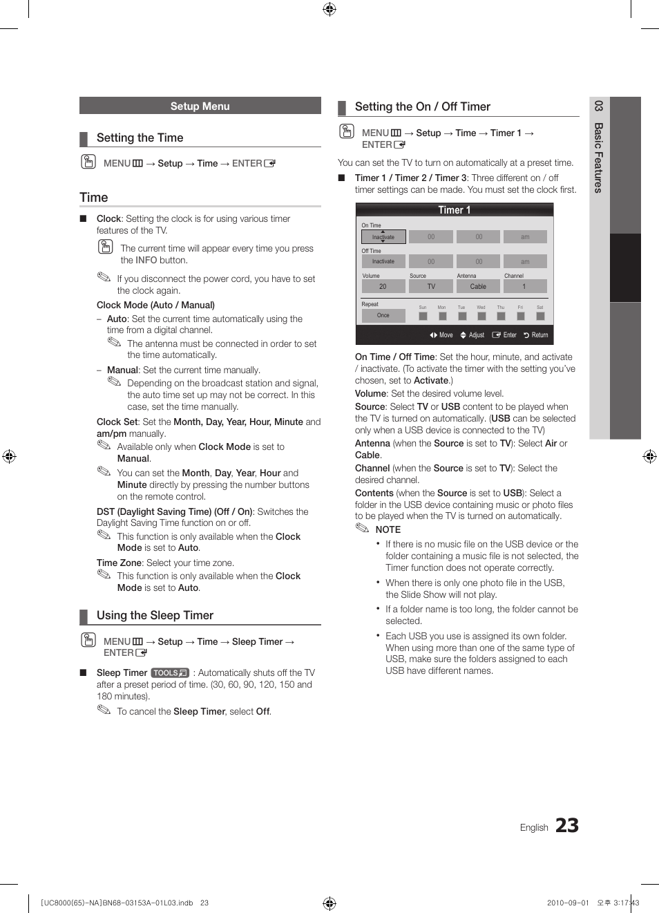 Setup menu, Time | Samsung UN65C8000XFXZA User Manual | Page 23 / 199