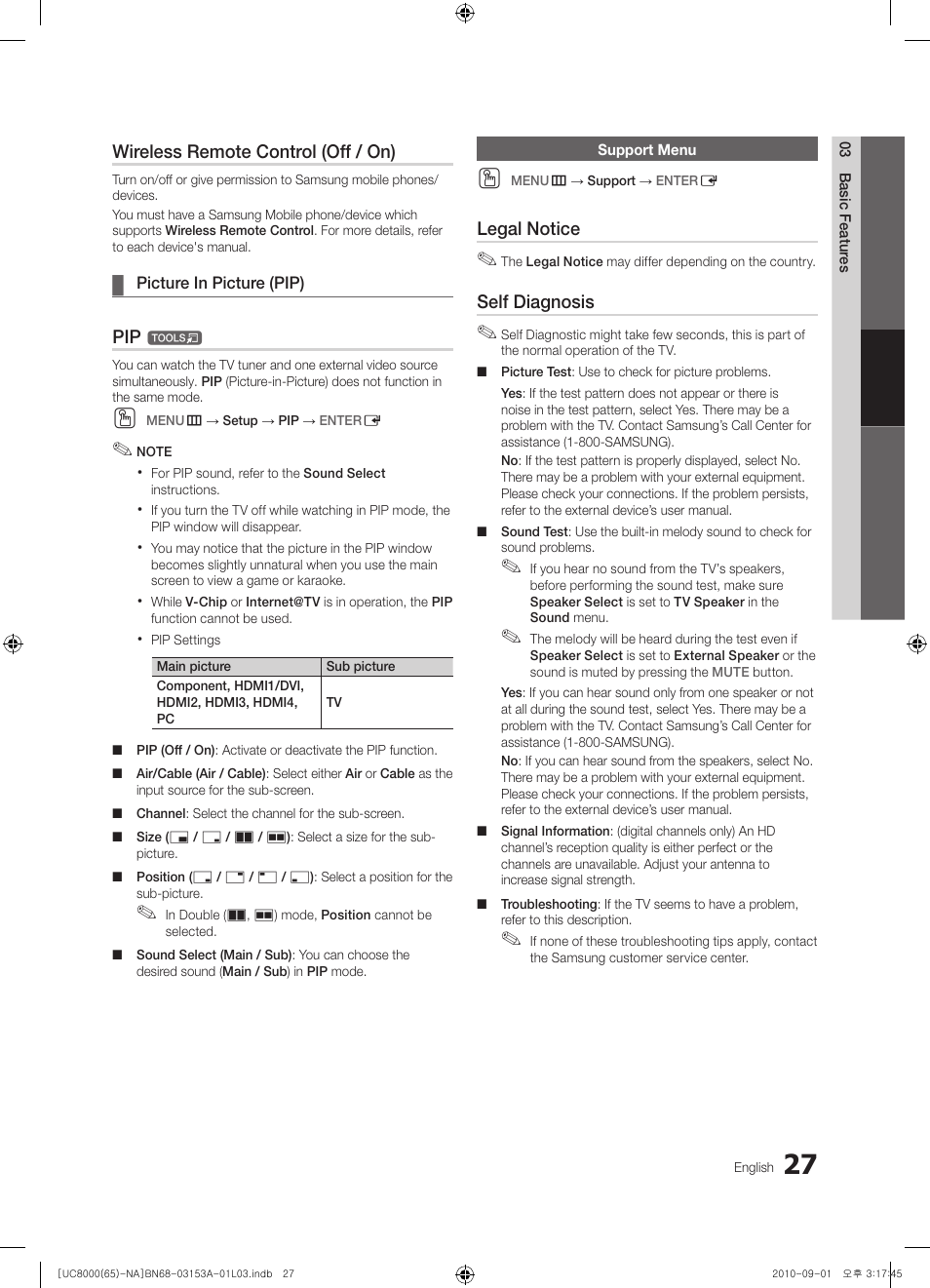 Support menu | Samsung UN65C8000XFXZA User Manual | Page 27 / 199