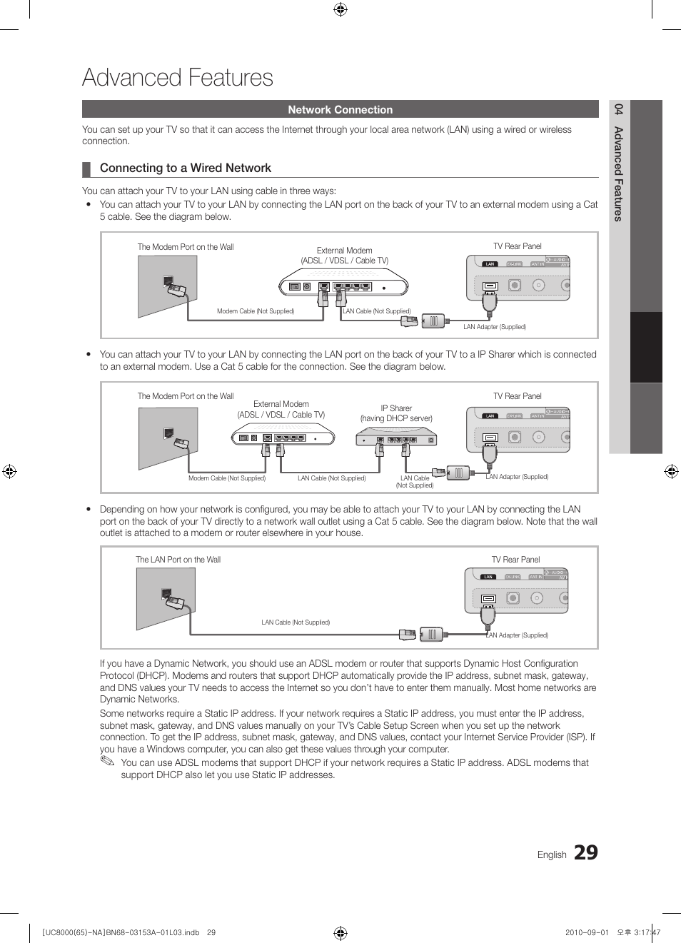 Advanced features, Network connection, Connecting to a wired network | Samsung UN65C8000XFXZA User Manual | Page 29 / 199