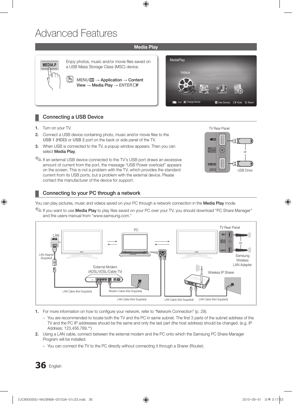 Media play, Advanced features | Samsung UN65C8000XFXZA User Manual | Page 36 / 199