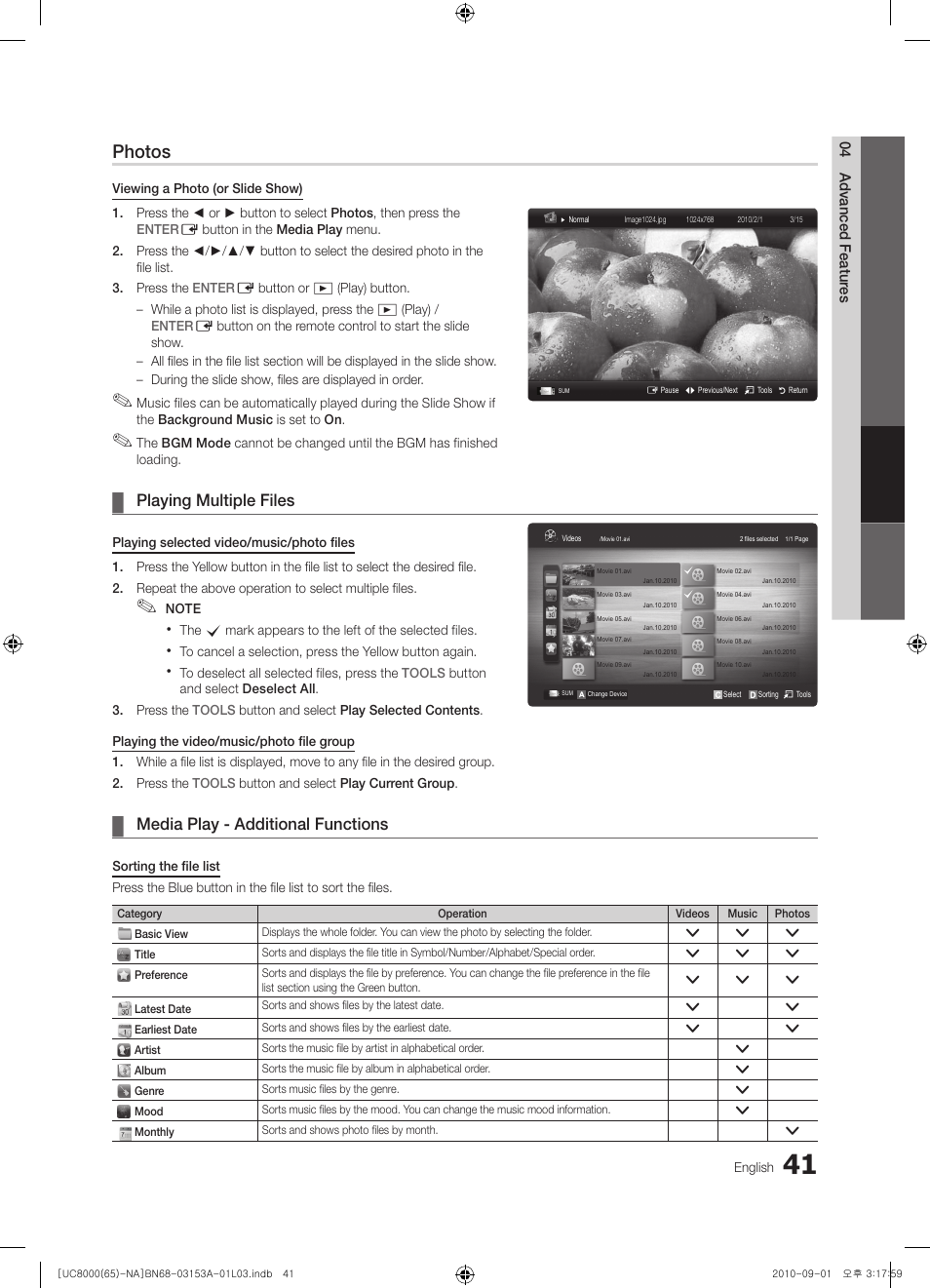 Photos, Playing multiple files, Media play - additional functions | Samsung UN65C8000XFXZA User Manual | Page 41 / 199