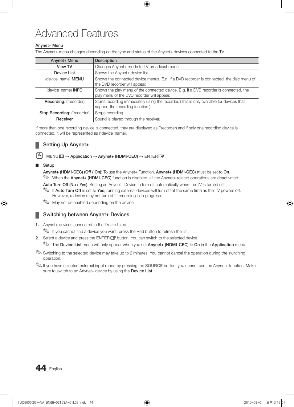 Advanced features | Samsung UN65C8000XFXZA User Manual | Page 44 / 199