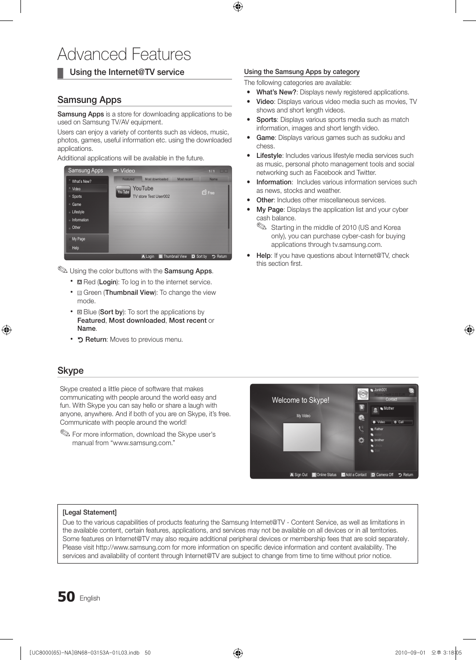 Advanced features, Samsung apps, Skype | Using the internet@tv service | Samsung UN65C8000XFXZA User Manual | Page 50 / 199