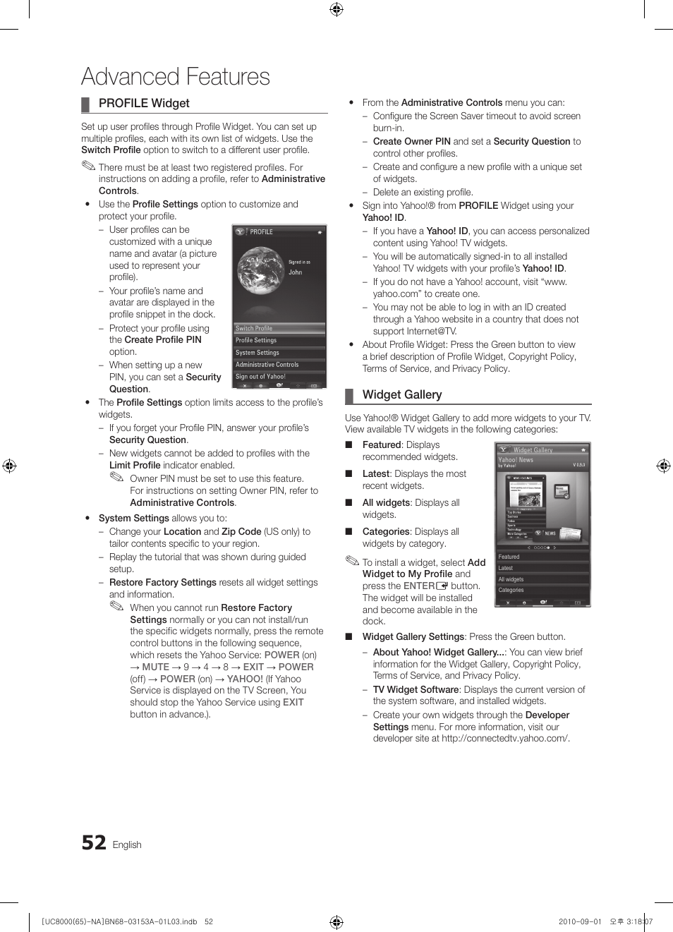 Advanced features | Samsung UN65C8000XFXZA User Manual | Page 52 / 199