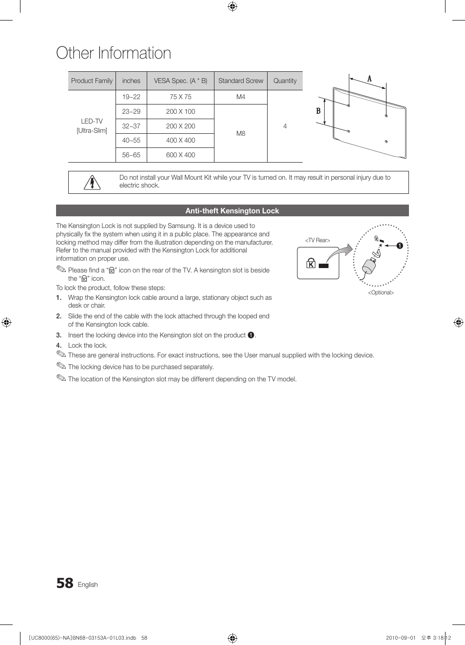 Anti-theft kensington lock, Other information | Samsung UN65C8000XFXZA User Manual | Page 58 / 199