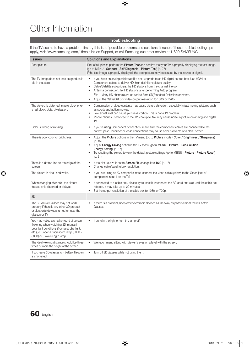 Troubleshooting, Other information | Samsung UN65C8000XFXZA User Manual | Page 60 / 199