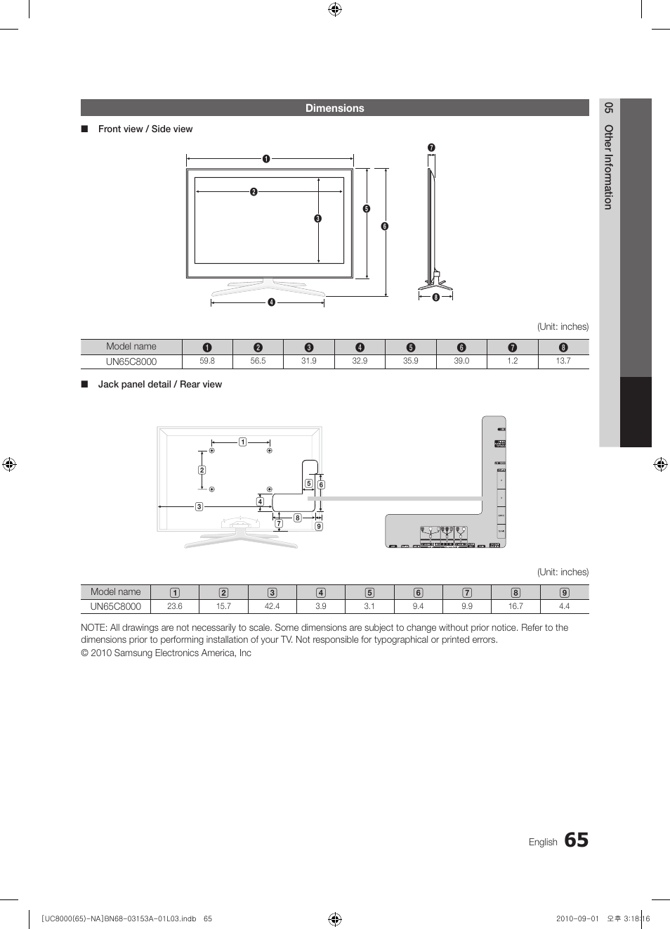 Dimensions | Samsung UN65C8000XFXZA User Manual | Page 65 / 199
