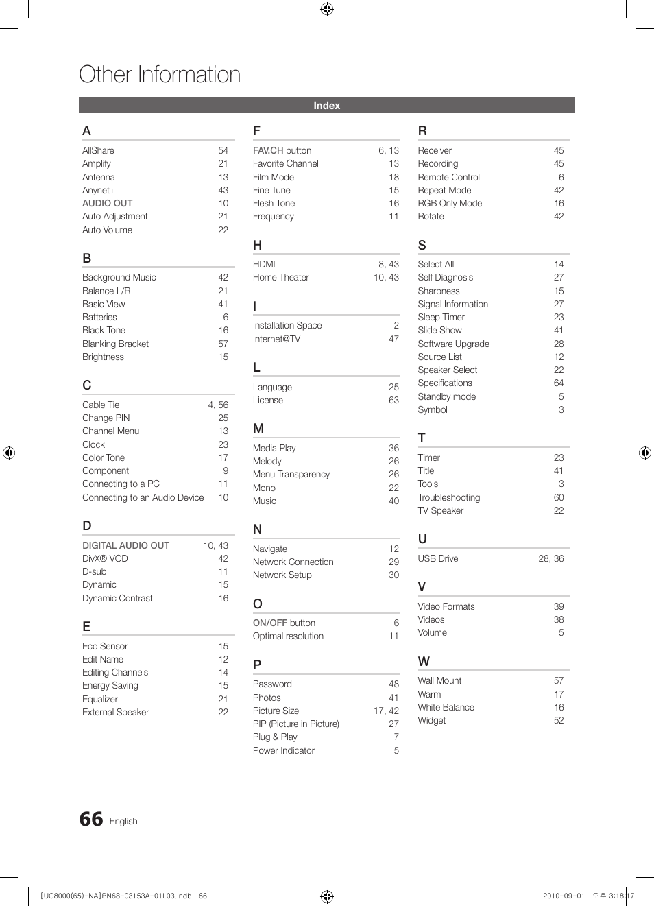 Index, Other information | Samsung UN65C8000XFXZA User Manual | Page 66 / 199