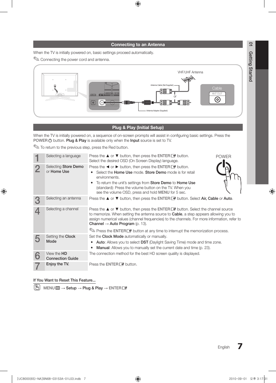 Connecting to an antenna, Plug & play (initial setup), Info guide | Samsung UN65C8000XFXZA User Manual | Page 7 / 199