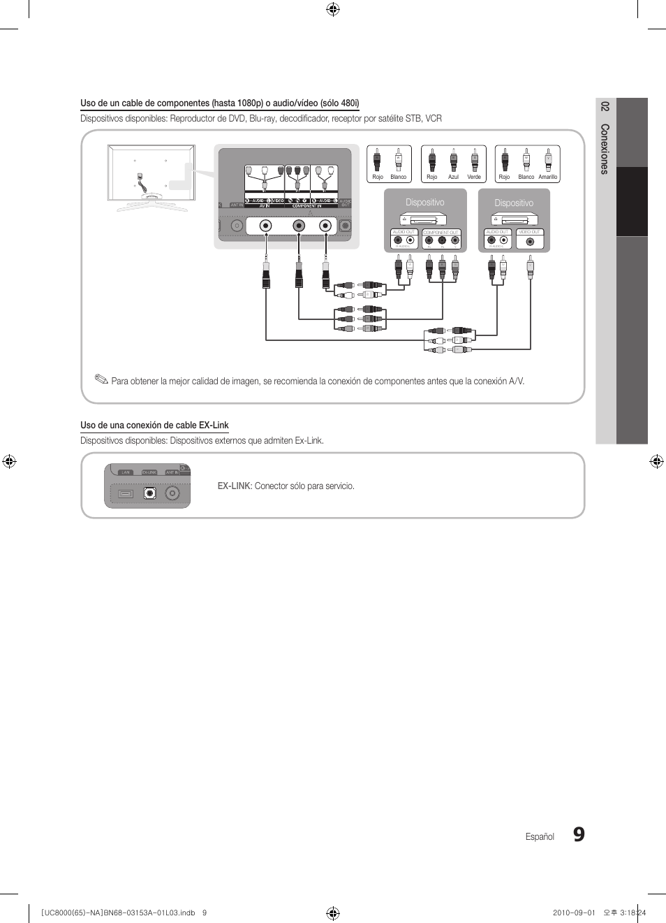 02 conexiones, Español, Dispositivo | Samsung UN65C8000XFXZA User Manual | Page 75 / 199