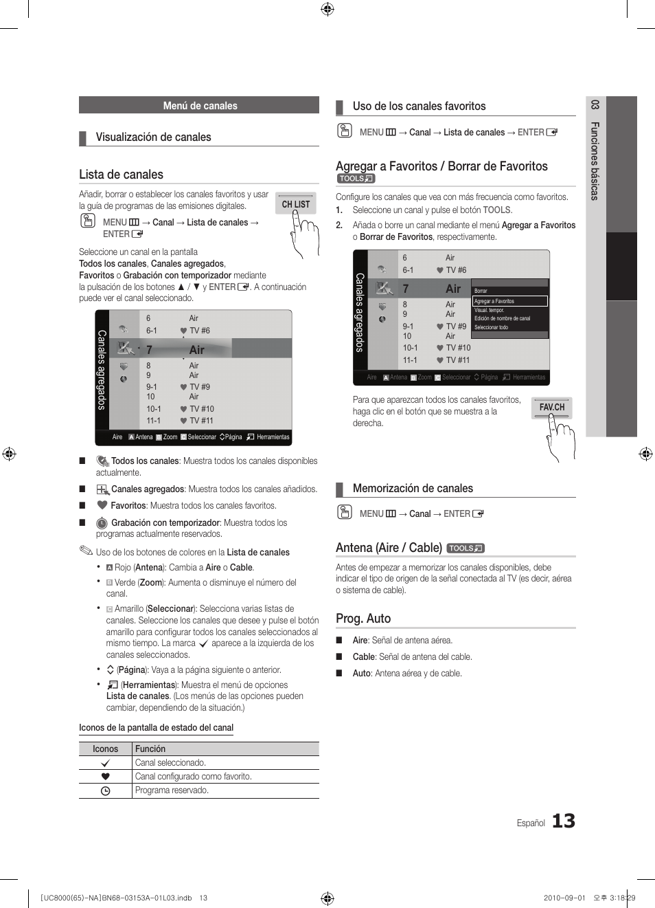 Lista de canales, Agregar a favoritos / borrar de favoritos, Antena (aire / cable) | Prog. auto | Samsung UN65C8000XFXZA User Manual | Page 79 / 199